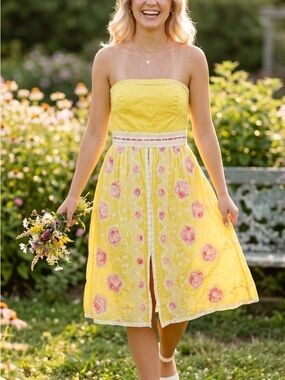 Cynthia Steffe Dress 8 Yellow Sheath Strapless Summer Midi Embroidered Boho AA20
